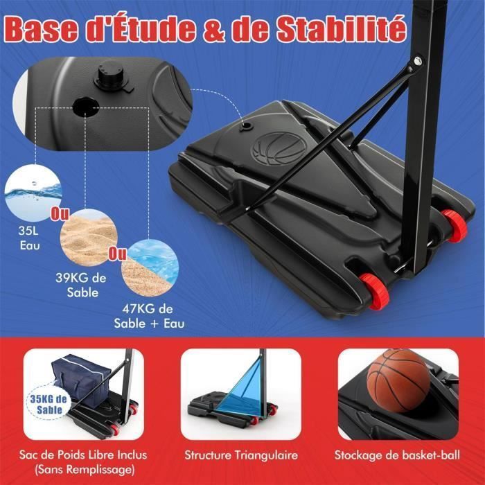 Aro de baloncesto independiente COSTWAY, altura ajustable de 105 a 260 cm, tablero de 82 cm, 2 ruedas, base rellenable con agua de 35 L, para exteriores.