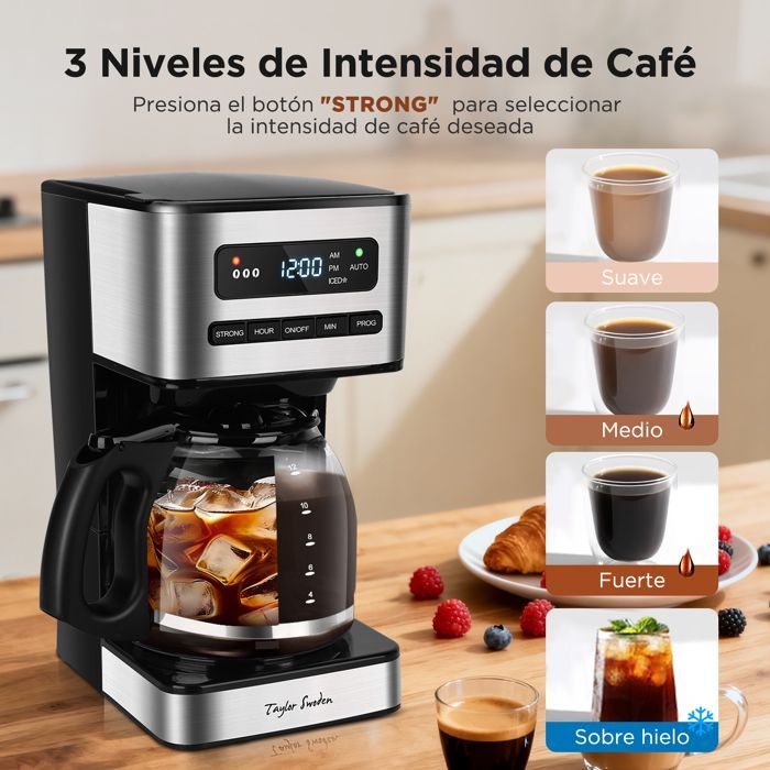 Taylor Swoden Cafetiere filtre 1.8L (12-15 Tasses) - Programmable 24H, 3 Niveaux Concentration + Café Glacé, Maintien au chaud