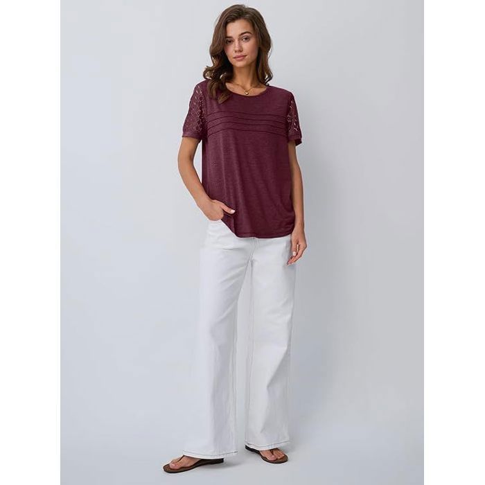 Camiseta de manga corta con cuello redondo para mujer, elegante y cómoda, color burdeos.