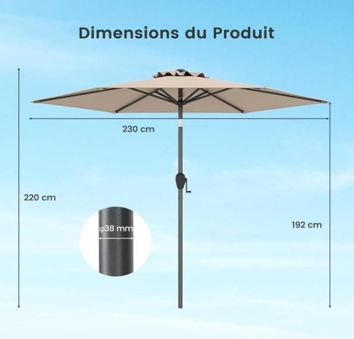 Ombrellone da giardino per esterni - RELAX4LIFE - Diametro 230 cm - Ombrellone da balcone con inclinazione di 35° - 6 robuste stecche - Base non inclusa - Marrone