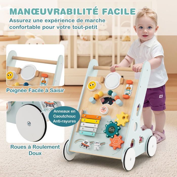 LIFEZEAL Chariot de Marche Bébé en Bois 1+ Ans, Trotteur Evolutif 8 en 1 Multifonctionnel,  Jouet éducatif, Marcheur pour Bebe, Ver