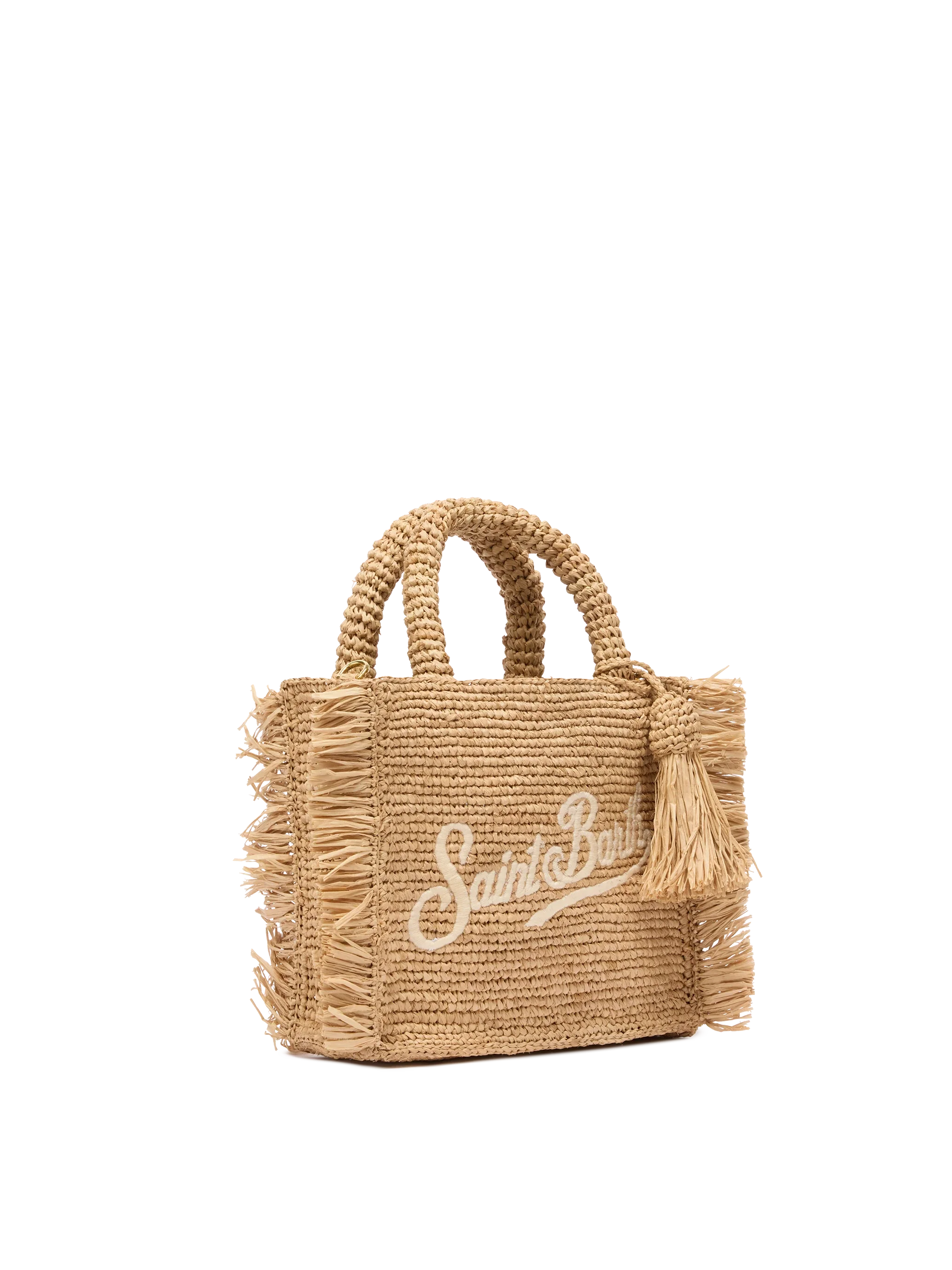 Mini toilettasje van raffia met franjes en borduurwerk in Saint Barth-stijl.