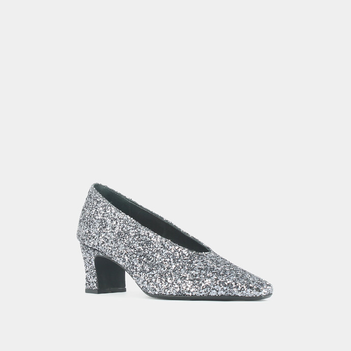 Ballerines à talons et bouts pointus  en glitter argent foncé