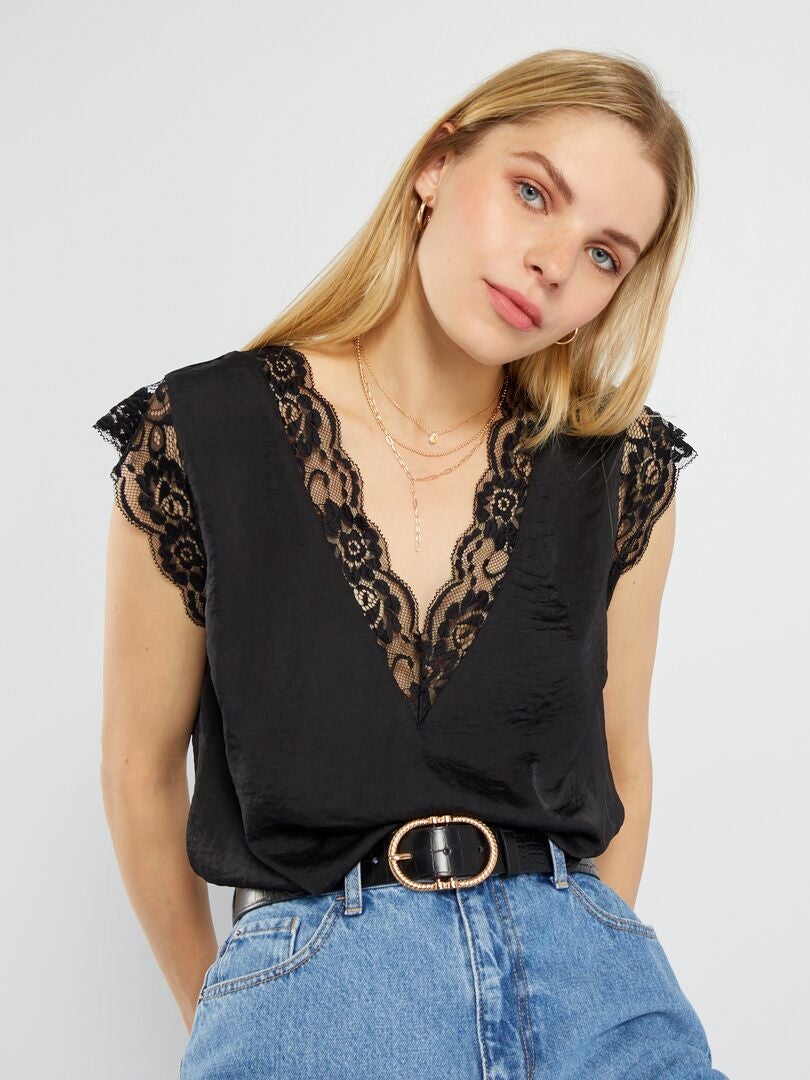 Satijnen blouse met kant - Zwart