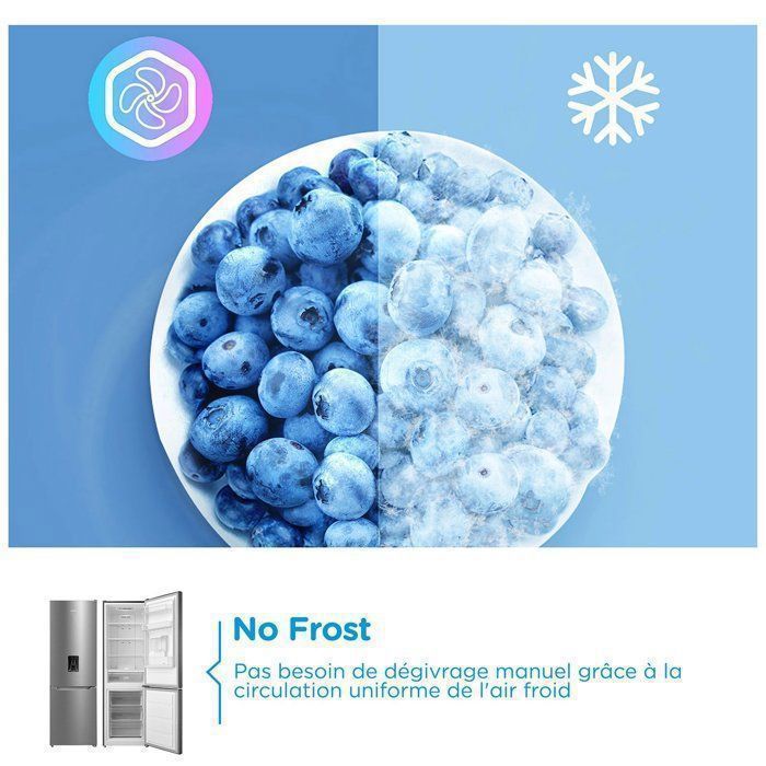Frigorífico COMFEE con congelador inferior - 308 L (222 L + 86 L) - Clase energética D - Sistema No Frost - 63 cm de ancho x 188 cm de alto - Dispensador de agua - Acero inoxidable