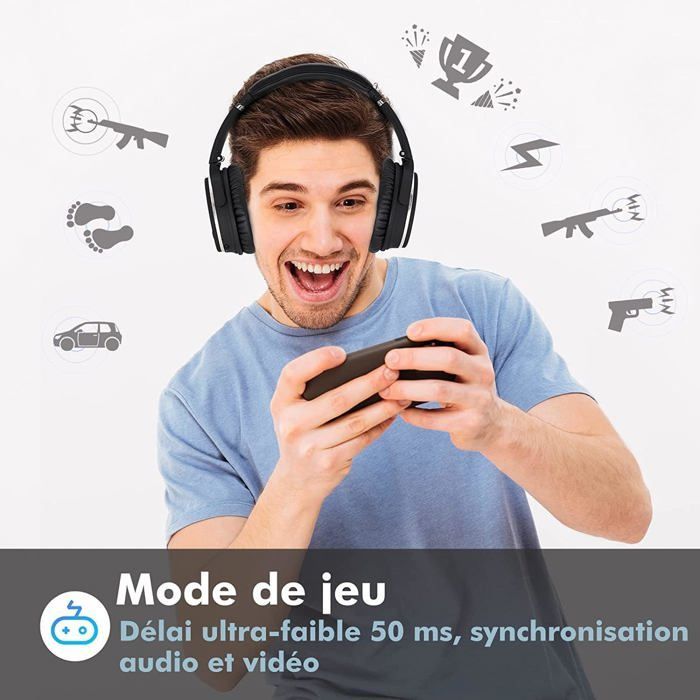 Srhythm NC25 Wireless Bluetooth Headphones with Noise Cancellation, Bluetooth 5.0, 50H Playtime, Voice Assistant, Low Latency Gaming Mode - Black