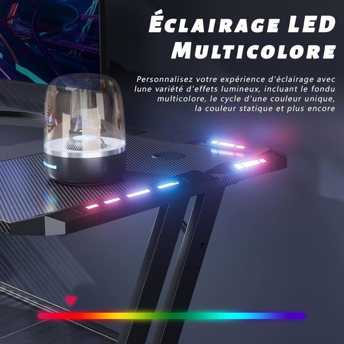 HLONONE 160 x 60 cm LED-Gaming-Tisch, Gaming-Schreibtisch mit Carbonfaser-Tischplatte, großer Gaming-Tisch, Schwarz