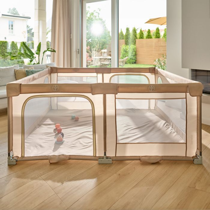 Großes Baby-Laufgitter 180 x 200 cm LIONELO Florence – Sehr schneller Aufbau – Extra viel Platz – Für drinnen und draußen – Inklusive Tragetasche – Grau