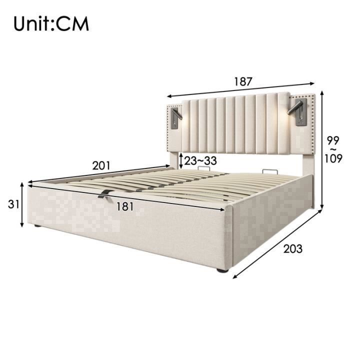 Lit double rembourré - PDZZZD - 180x200 cm - Coffre de lit - Chargement USB - Beige
