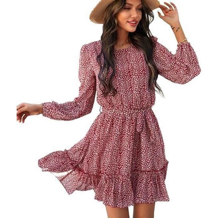 Vestido de mujer tallas S-XL, vestido estampado de cuello redondo, falda de manga larga para mujer, rojo, primavera-verano.