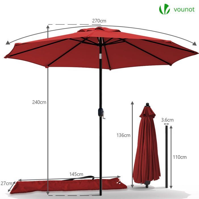 Sombrilla inclinable VOUNOT® Ø 2,7 x H 2,4 m Roja - Tejido resistente a los rayos UV e impermeable - Funda protectora