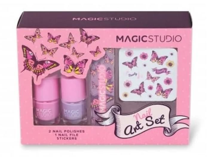 MAGIC STUDIO Pin Up Nail Art Set - Manicure Kit with 2 x 4ml Nail Polishes (Pink and Purple), Nail File and Stickers - For All Styles
