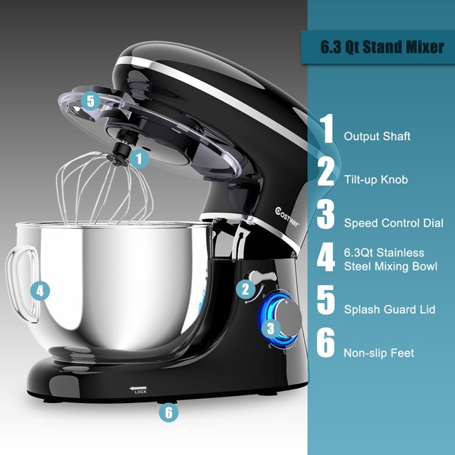 Robot pâtissier Costway 6 vitesses 660 W avec crochet pétrisseur, fouet et batteur, 6,3 L, tête inclinable, blanc