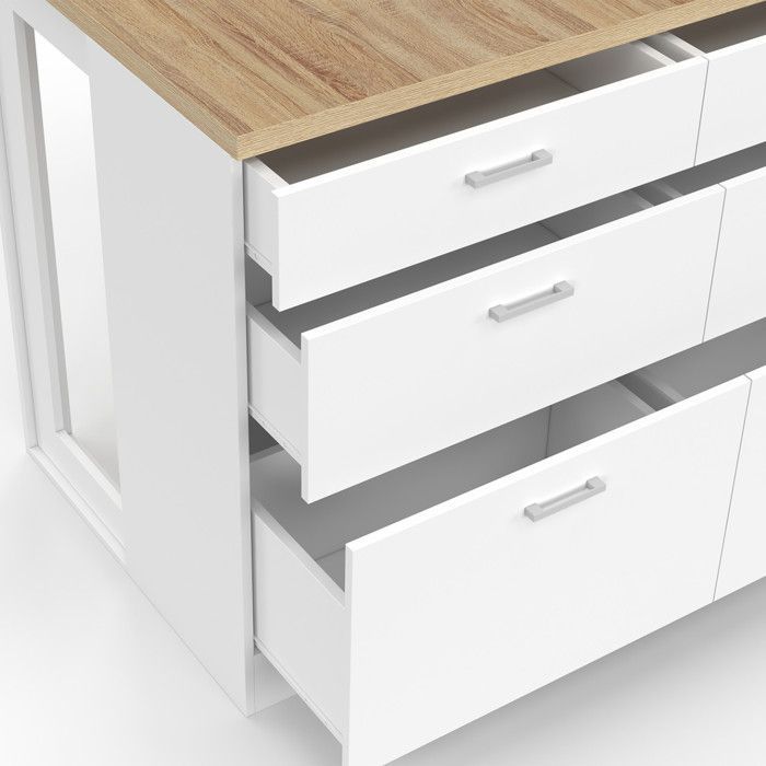 Mesa de bar central IDMARKET ORSO de 120 cm con 6 cajones, color blanco y tablero de madera.