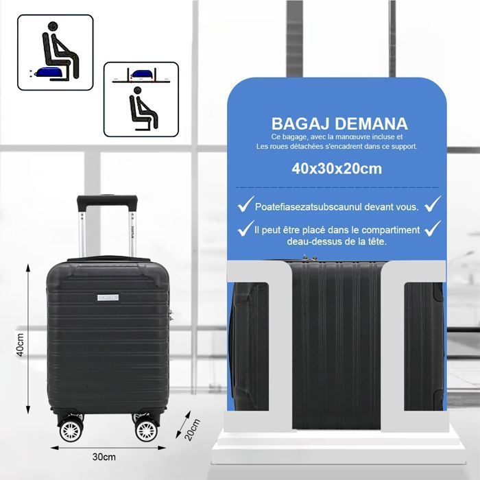 Mala de cabine 40×30×20 cm, ABS rígido, resistente a impactos, 4 rodas, fechadura de combinação – compatível com EasyJet – preta