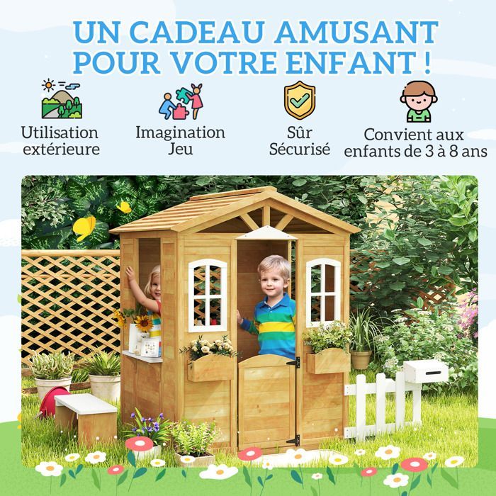 Cabane de jeu pour enfant maison de jardin en bois porte et fenêtres, banc, boite aux lettres, clôture, de 3 à 6 ans