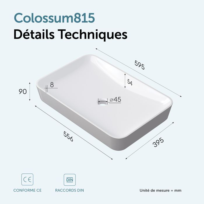 Lavabo de encimera Doporro Colossum815 blanco de 60 cm en superficie sólida de fundición mineral, 60x40x9 cm.