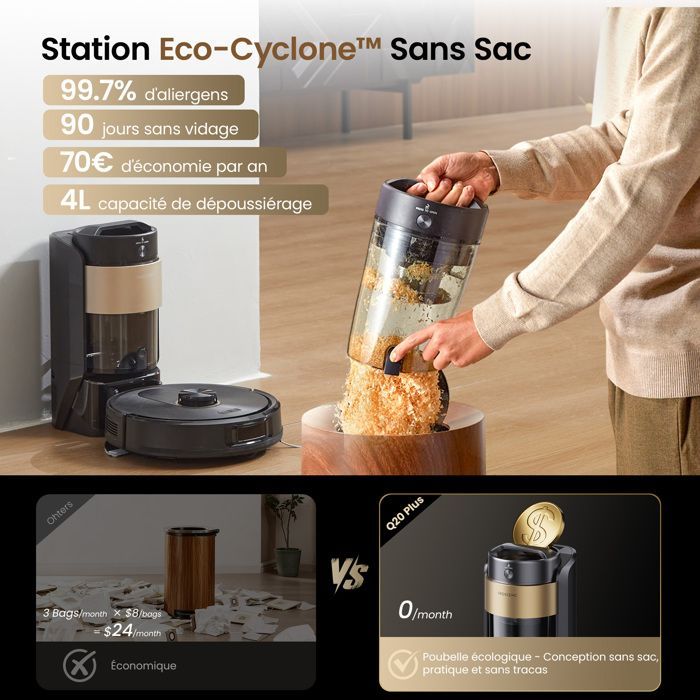 Proscenic Q20 Plus - Robot Vacuum Cleaner and Mop 12000 Pa - Eco-Cyclone™ Bagless Docking Station 4 L - 200 min - Ideal for Pet Hair & Carpets