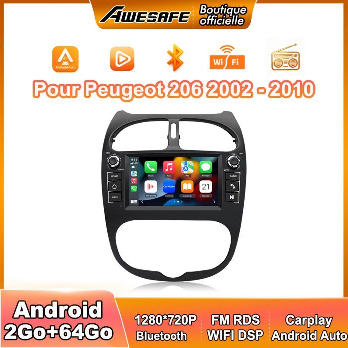 Autorradio AWESAFE Android 13 de 2 GB + 64 GB para Peugeot 206 (2002-2010) con pantalla táctil de 7