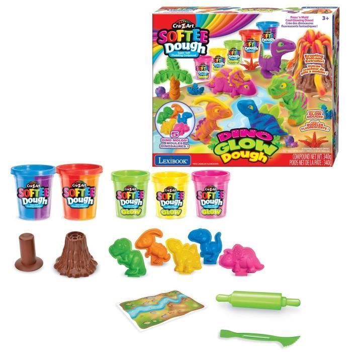 LEXIBOOK CRAZART - Kit de dinosaurios de arcilla para modelar fluorescente y maleable - Azul, violeta, rojo, naranja, verde, amarillo, rosa