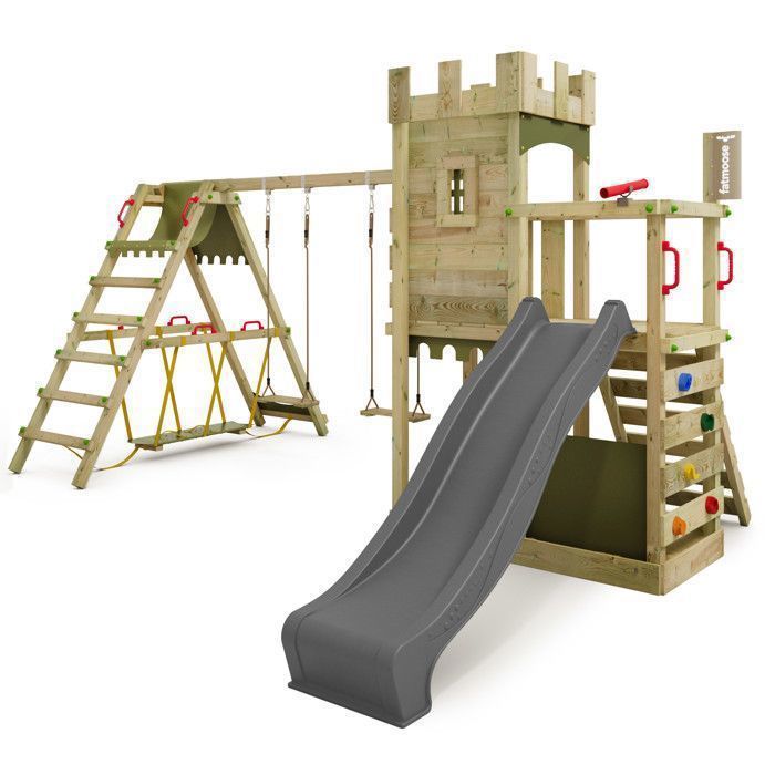 Tour de jeux bois FATMOOSE BoldBaron XXL avec SurfSwing, toboggan 220 cm anthracite et mur d’escalade – 10 ans de garantie*