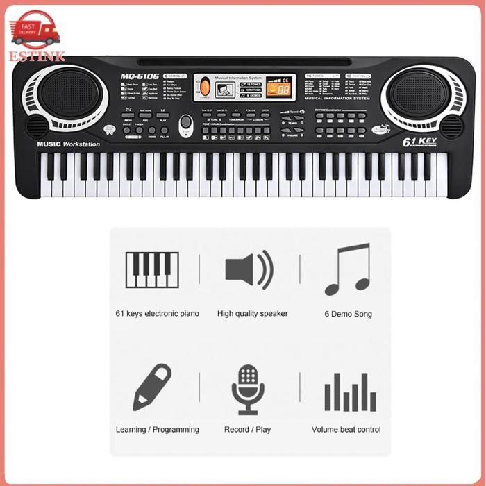ESTINK Piano électrique  Piano électronique 61 Touches, Instrument de Musique pour Enfants, avec Microphone, 6 Morceaux jeux jouet