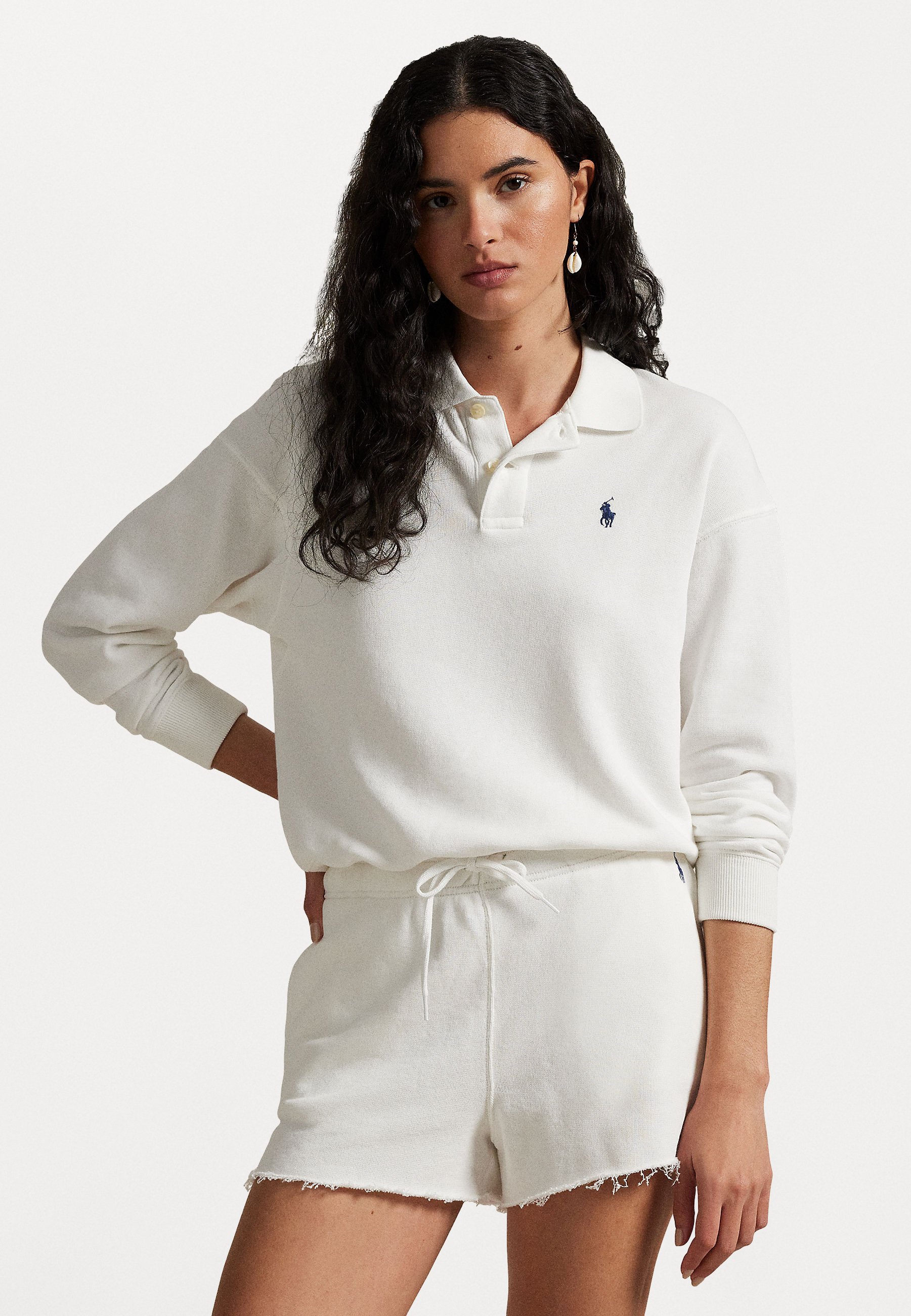 POLO RALF LAUREN FLEECE LONG-SLEEVE POLO - Top s dlouhým rukávem - white
