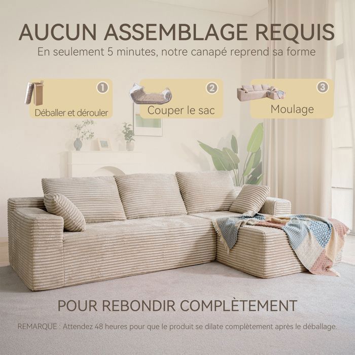 Sofá esquinero derecho de 263x171x59cm, combinación libre, no requiere montaje, sofá en forma de L de 4 plazas con chaise longue, pana beige.