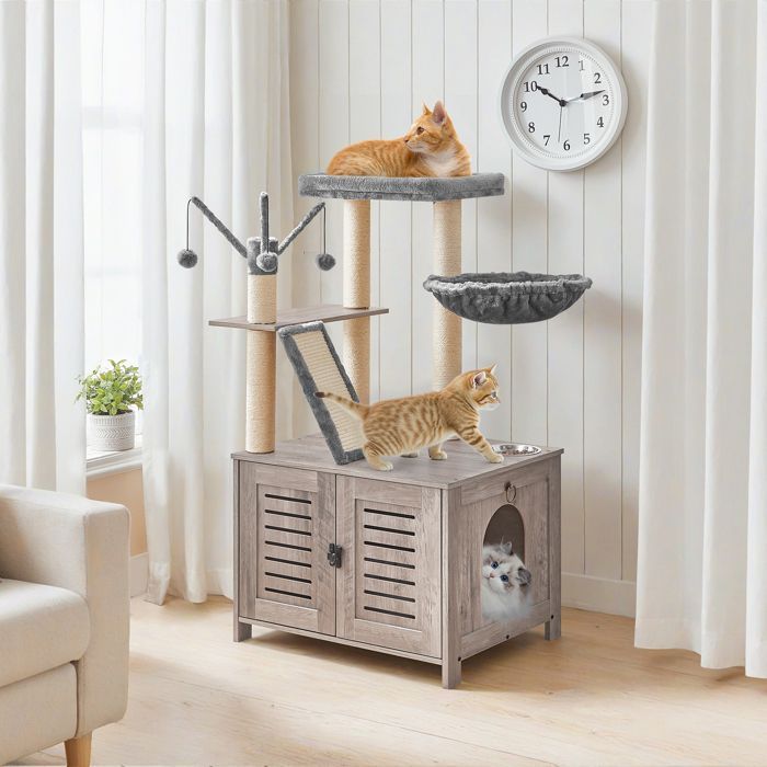 HOOBRO Krabpaal met Kattenbak, Houten Kattenhuis met Kattentoren, Grijs