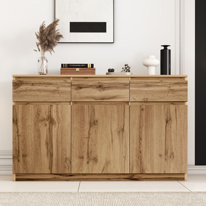 Niedriges Sideboard 135×40×81 cm mit 3 Türen und 3 Schubladen, Wohnzimmer-Sideboard mit Stauraum, Küchen-Sideboard in Holzoptik