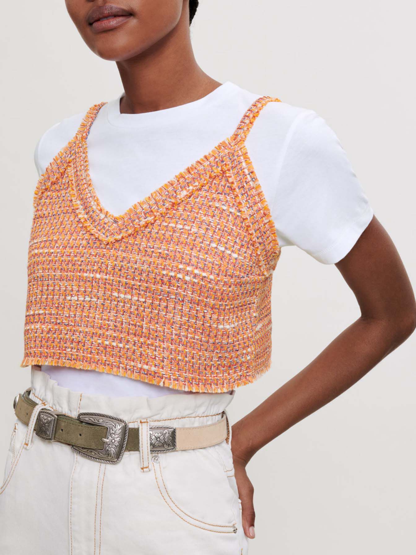 Tricou tricotat și tweed trompe l'oeil - Portocaliu