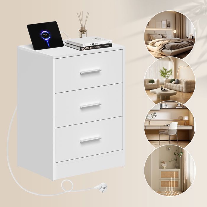 Mesa de cabeceira branca com tomada integrada - Mesa lateral WOLTU - 2 tomadas CA, 1 porta USB, 1 porta Tipo C