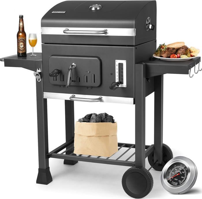 Grote houtskoolbarbecue met deksel, grillrooster, wielen en thermometer, handvat, rookbarbecue, 130 x 137 x 49 cm, grijs