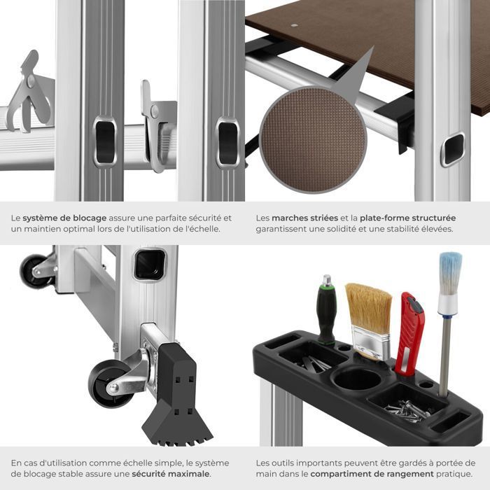 Andamios - TECTAKE - Escalera de plataforma modular 3 en 1 con escalera de tijera en aluminio