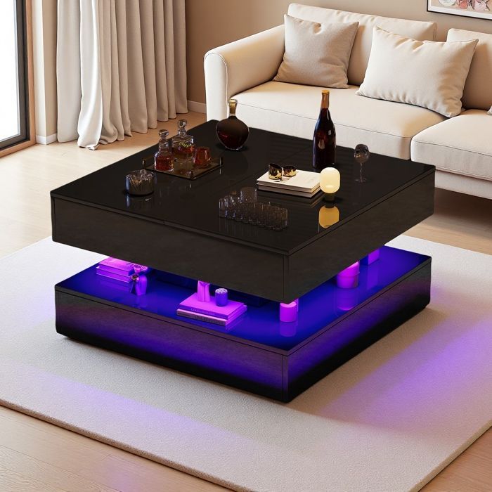 Tavolino da caffè con piano sollevabile, illuminazione a LED RGB, vano portaoggetti intelligente, finitura nero lucido, 78 cm.