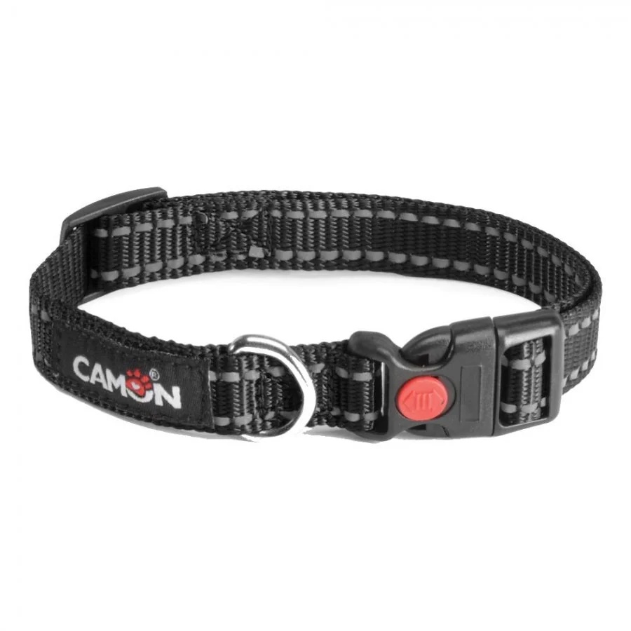 Collier réfléchissant CAMON noir basse tension 15 mm x 26/40 cm, idéal pour des promenades en toute sécurité
