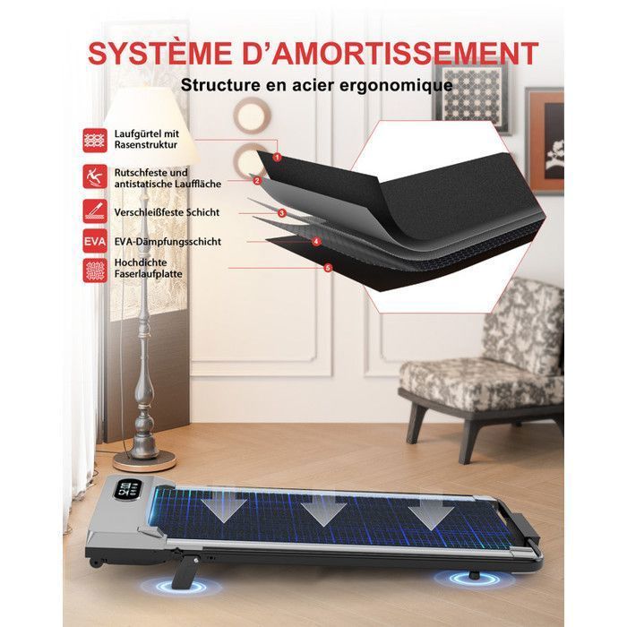 Cinta de correr plegable 4 en 1 con inclinación del 7% | 1-8 km/h | 2,5 CV | con mando a distancia y pantalla LCD | Carga máxima 120 kg | Plateada