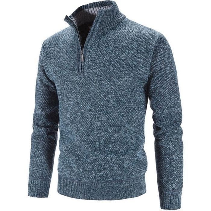 Men's Knitted Sweater - FINDPITAYA - 1/4 Zip Pullover Sweater - High Neck - Blue