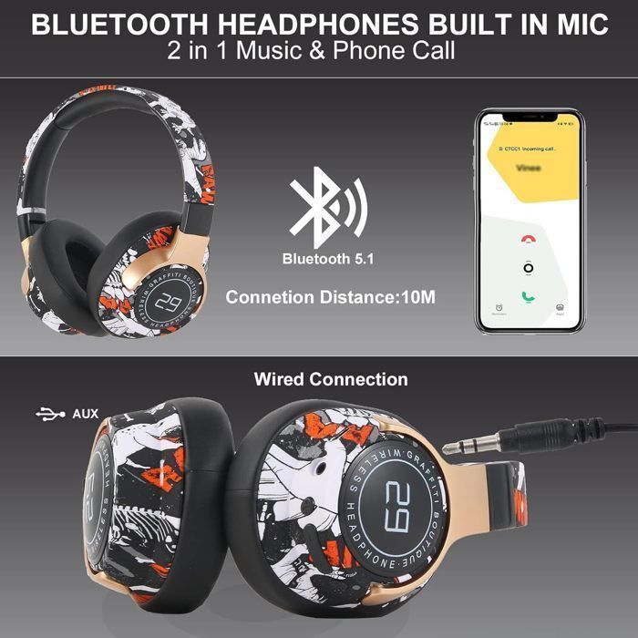 Cuffie LED wireless Bluetooth pieghevoli – Auricolari con cancellazione del rumore, bassi profondi, lunga durata della batteria, ideali per gaming/TV/sport, nere
