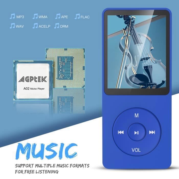 Lecteur MP3 16Go, Baladeur MP3 Musique HiFi avec Radio FM, 70H Longue Autonomie, Slot Carte mémoire jusqu'à 128Go  -Bleu