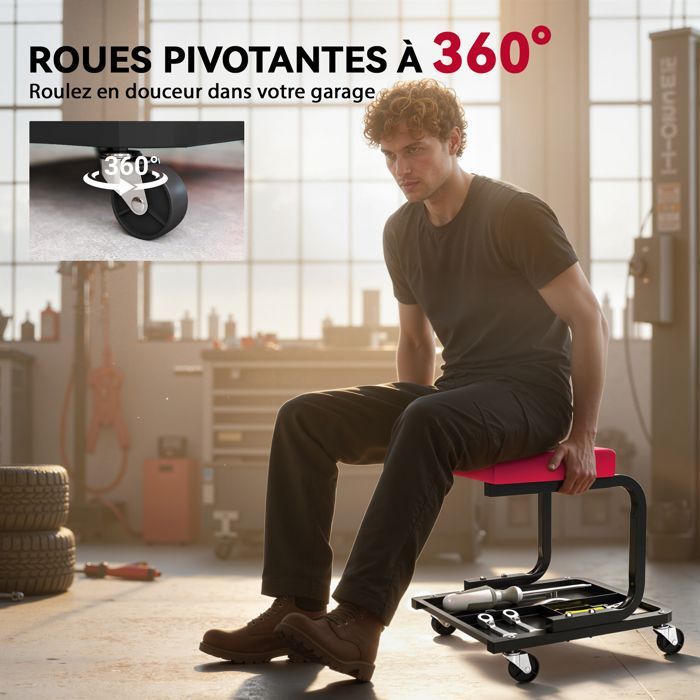 Taburete de mecánico - HOMCOM - Capacidad de carga de 135 kg - Bandeja para herramientas, ruedas giratorias de 360° de suave rodadura - 36,5 x 33,5 x 35 cm - Rojo