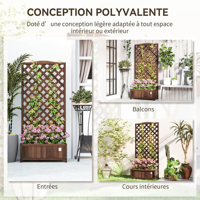 Jardinière avec Treillis - Outsunny - 76 x 36 x 170 cm - Fond à Lattes - Bois Sapin pré-huilé marron foncé