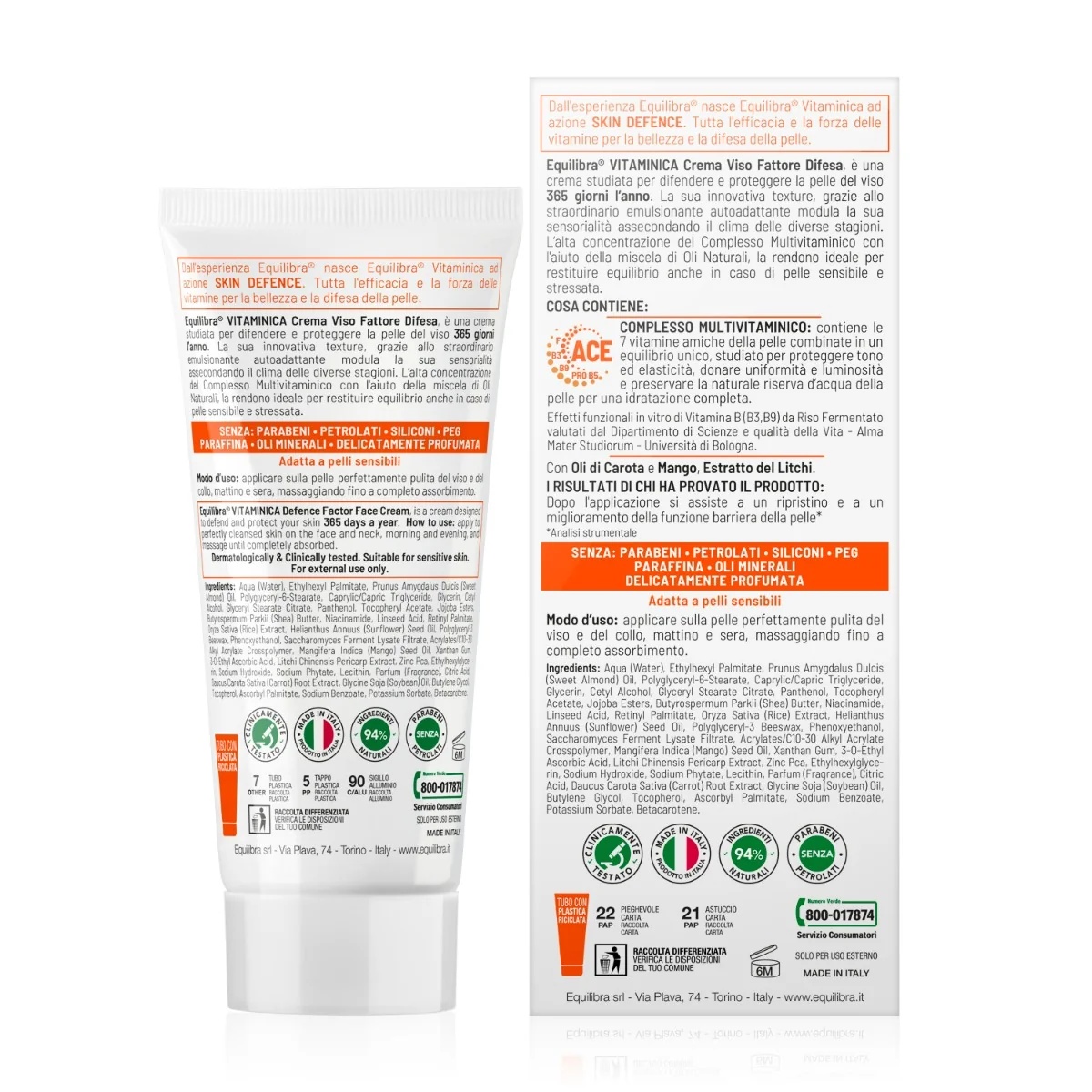 EQUILIBRA Equilibra Crème Visage Vitaminée Facteur de Défense 75 ml Défense de la Peau