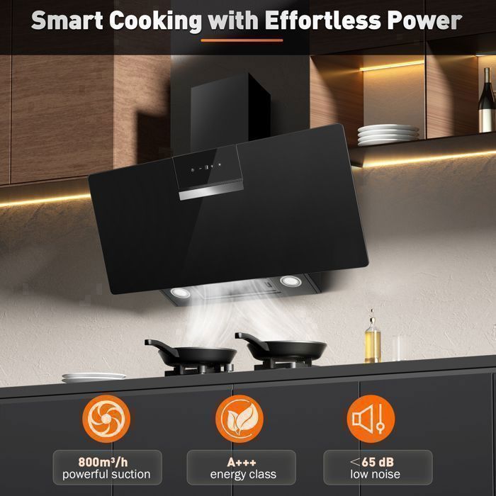 60cm Cooker Hood - Angled Kitchen Hood - 800 m³/h - 2 Carbon Filters - Recirculation & Extraction - Black