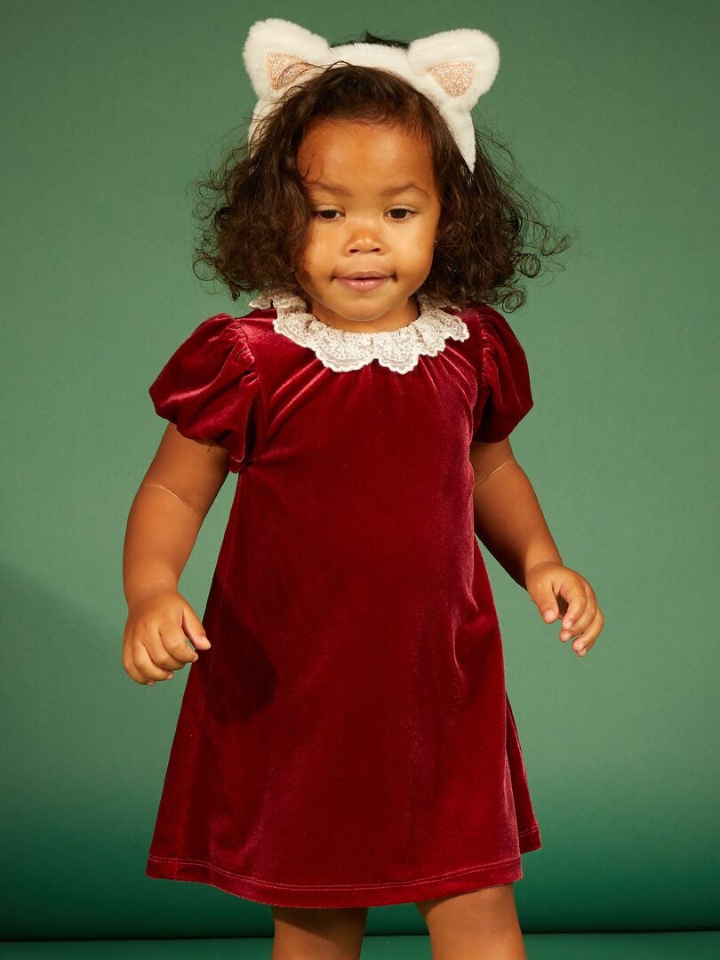 Vestido de veludo com gola de tule bordada - VERMELHO