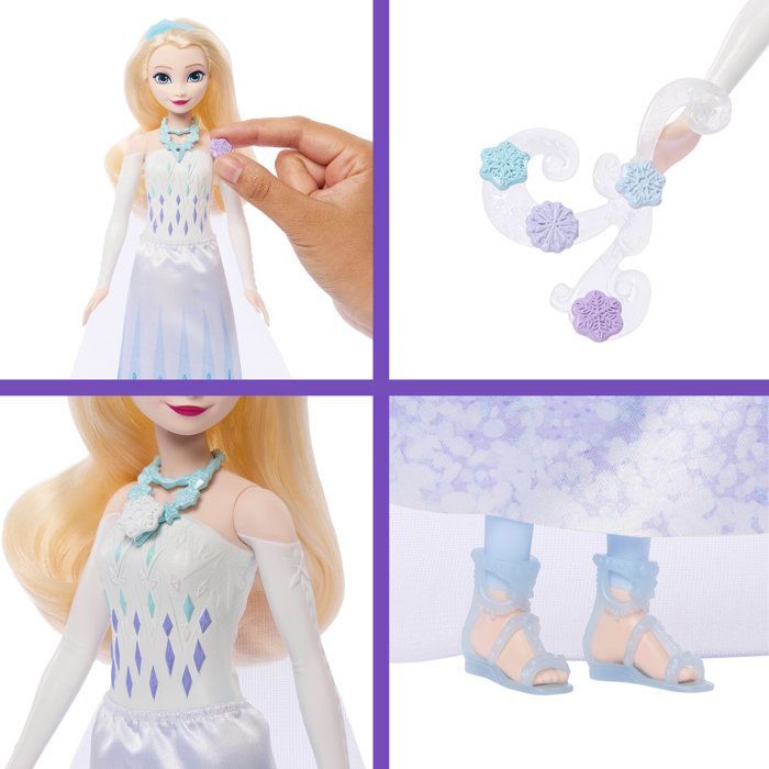 Poupée Jewel Reveal Elsa, La Reine des Neiges, accessoires avec 8 surprises, 1 boîte à bijoux en forme de flocon de neige, 1 bague p