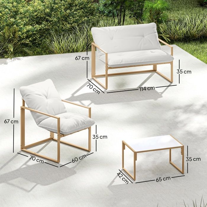 Outdoor garden furniture set - Outsunny - 4 pieces, extra-thick 15cm cushions - 2-seater sofa with coffee table and 2 armchairs - khaki