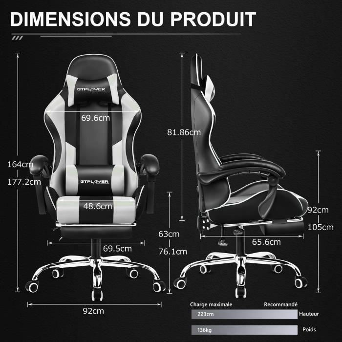 Silla gaming con reposapiés, cojín de masaje lumbar, silla de oficina ergonómica con reposabrazos sincronizados (blanca)