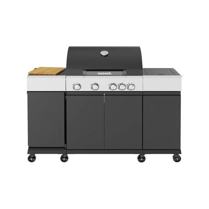 Barbacoa de gas de 4 quemadores + 1 quemador lateral, cocina exterior con estantes, termómetro y funda MAXIM.