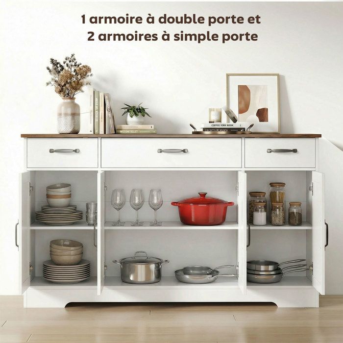 Aparador de cocina - HOMCOM - 4 puertas correderas, 3 cajones y estantes ajustables - madera - 140 x 40 x 81 cm - blanco